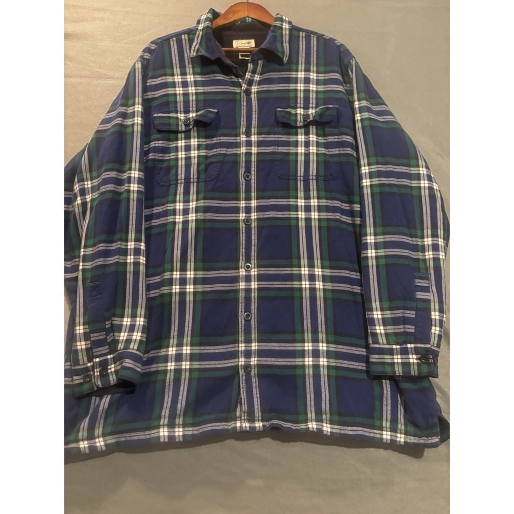 LL Bean Flannel Shacket Mens XXL Tall Blue Plaid Fleece Lined Jacket Vintage